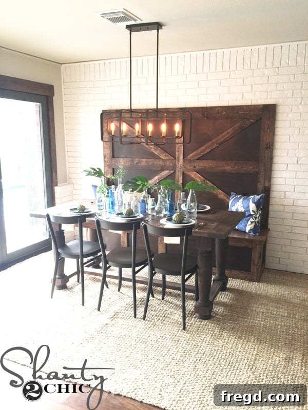 Side view of the custom high-back bench in the Davis kitchen, highlighting its design and integration.