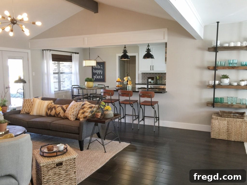 Panoramic view of the open-concept living and kitchen area in the Berry House after renovation, showcasing improved flow.