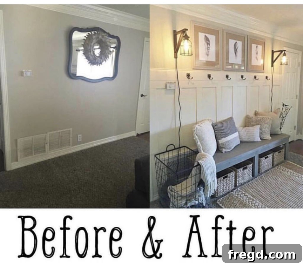 Before photo of Kyndra's house entryway, showing a lack of organization and storage for family items.