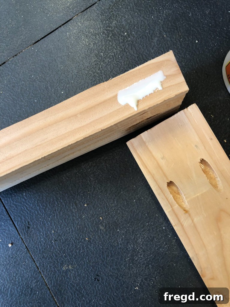 Applying wood glue to the ends of the frame pieces before assembling the front frame of the dog crate