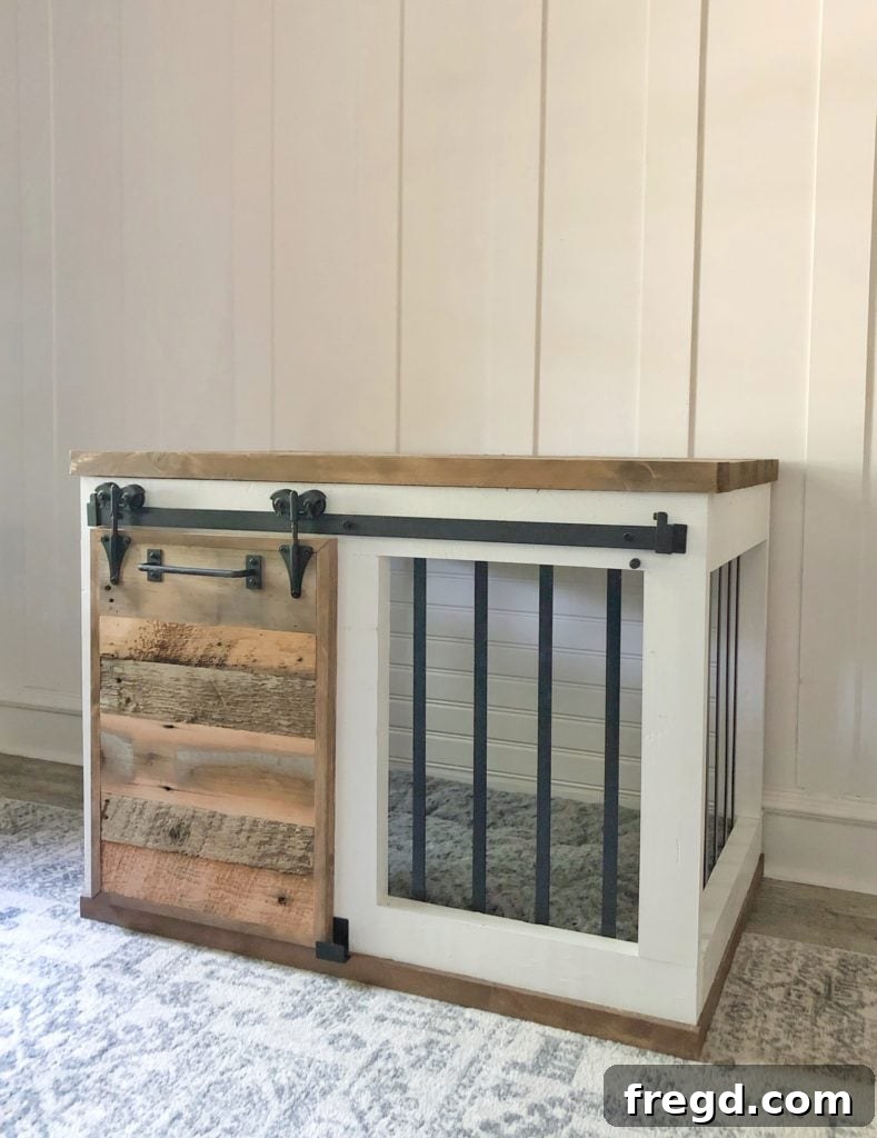 Close-up view of the interior of the custom-built farmhouse dog crate