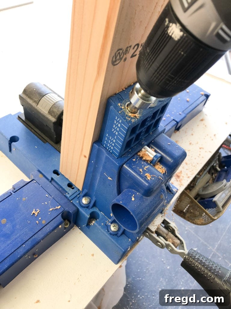 Drilling 1.5-inch pocket holes into the ends of the vertical leg pieces for the back frame