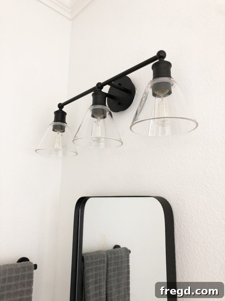 Modern farmhouse vanity lights installed