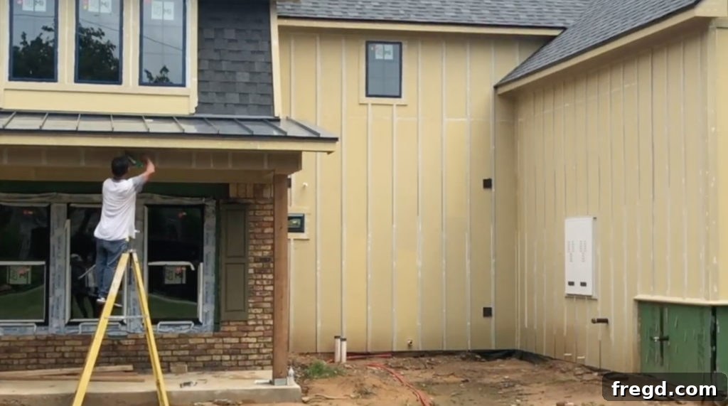 Shanty2Chic Flip House Episode 2: New board and batten siding being installed, integrating with existing brick