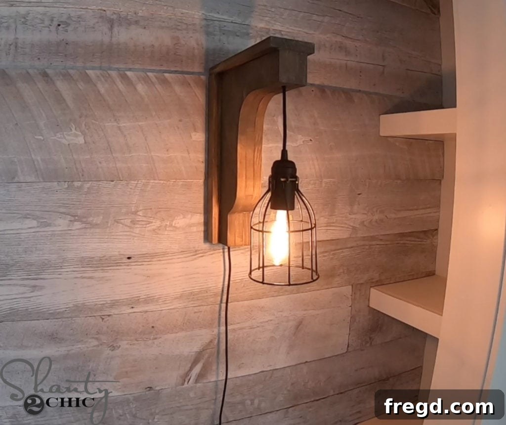 The Shanty Flip Episode 6 21 A wider view of the smart-enabled corbel sconce, showcasing its integration into the bedroom