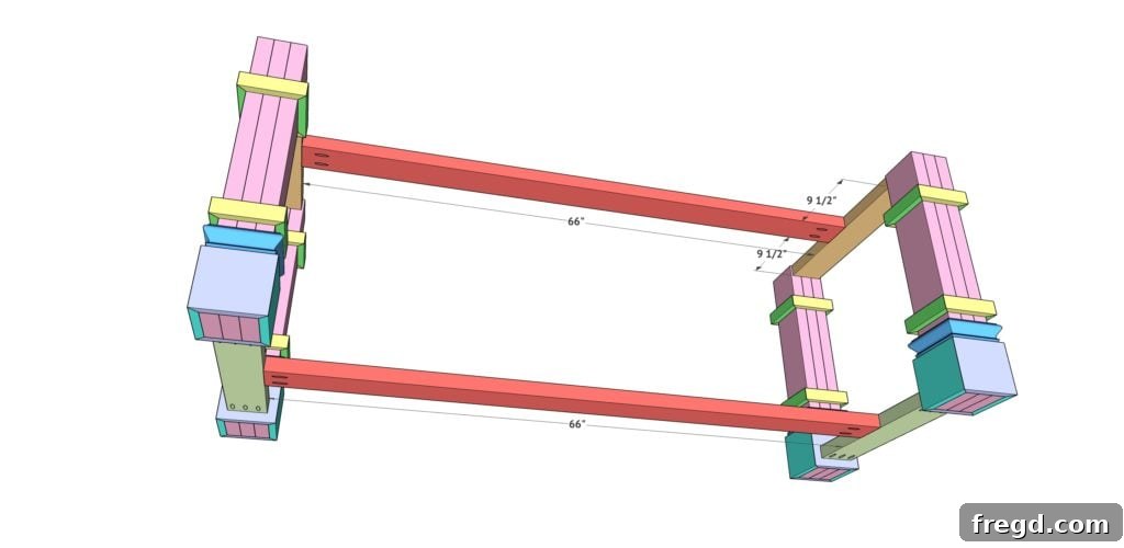 Bottom runner being attached to the table leg assemblies, ensuring stability and balance.