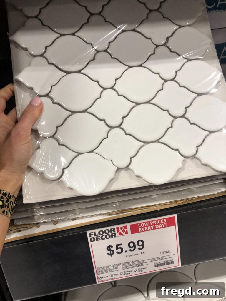 A display of unique picket-shaped porcelain mosaic tiles.
