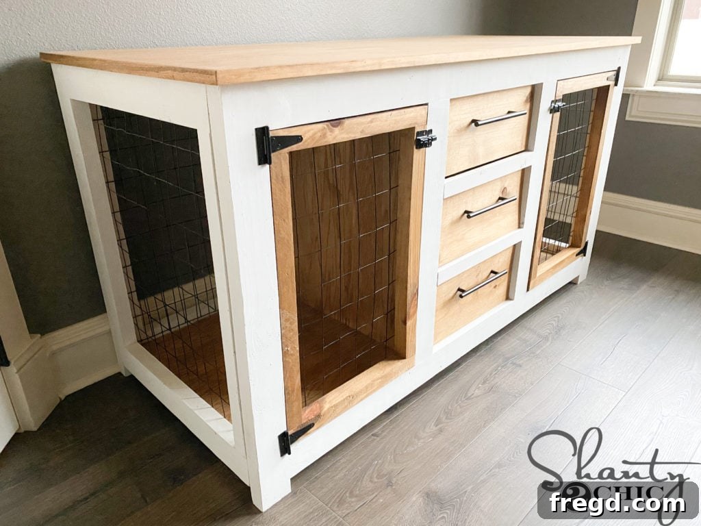 Finished DIY dog crate console with dark stain and modern hardware