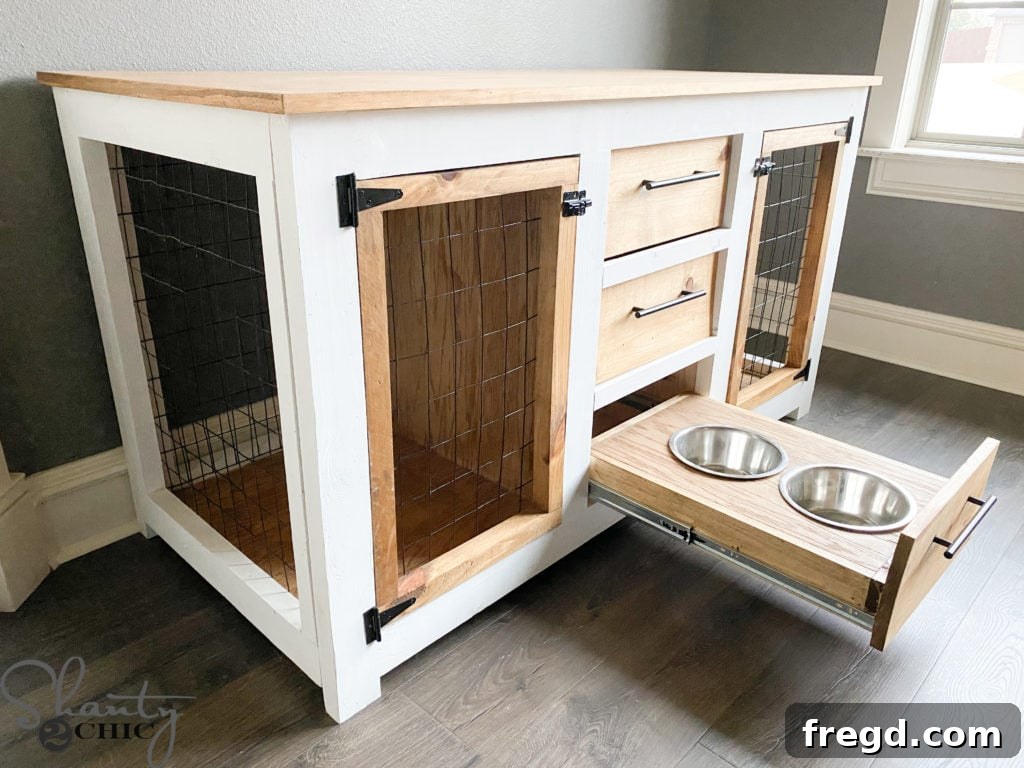 Close-up of the stylish double dog crate console with hidden bowls