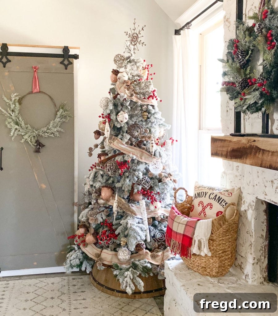Another angle of the beautifully decorated Christmas tree, highlighting the interplay of light and texture.