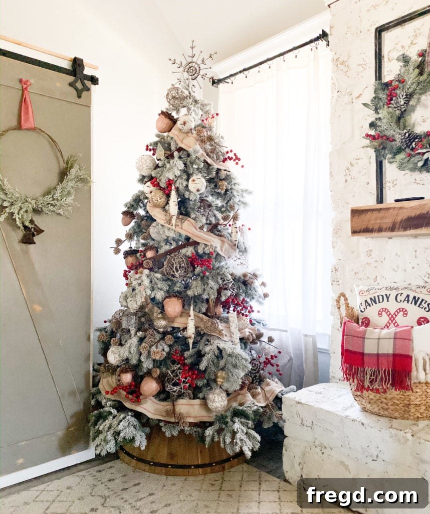 A final close-up of the Rustic Woodland Christmas Tree, emphasizing its inviting and cozy atmosphere.