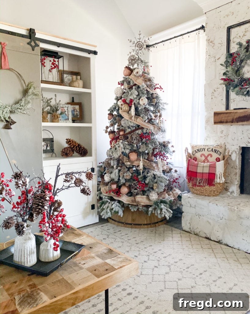 Close-up of the Rustic Woodland Christmas Tree, showcasing its natural beauty and elegant decorations.