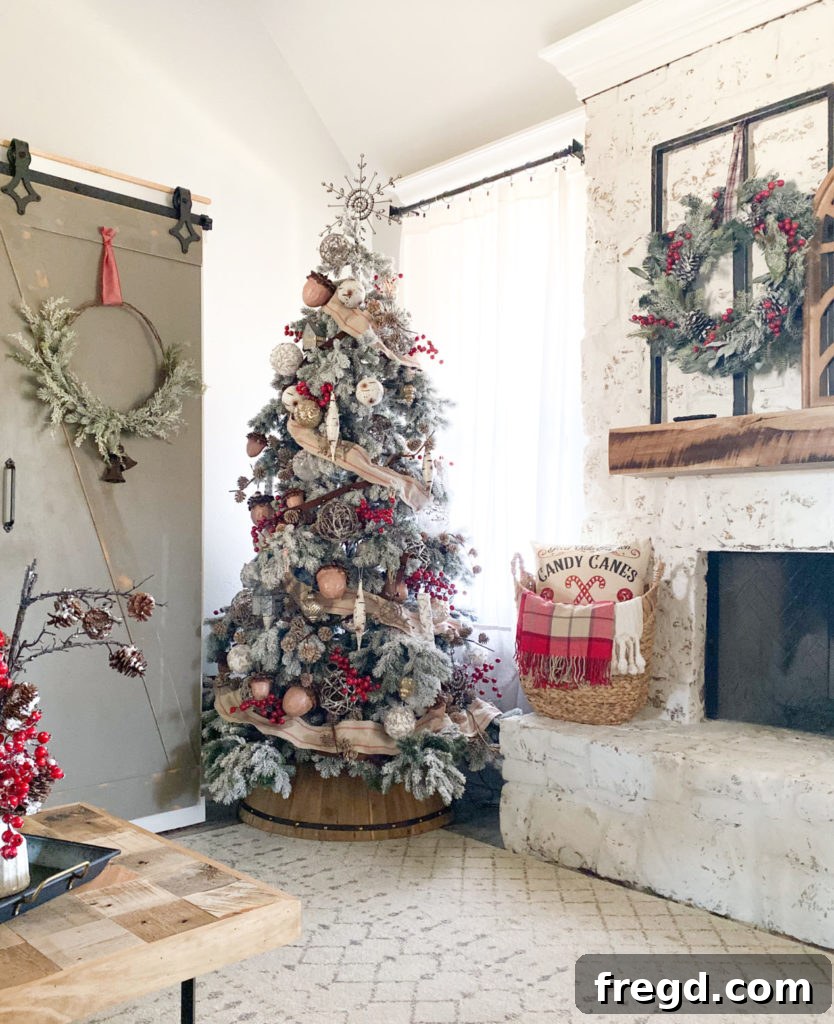 A wider shot of the decorated Christmas tree, highlighting the overall rustic woodland aesthetic.