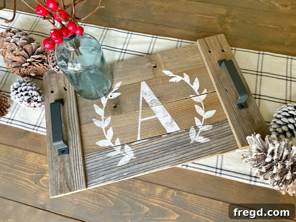 Craft Simple Christmas Gifts on a Budget 3 Close-up of a rustic wooden serving tray with personalized vinyl decal and metal handles