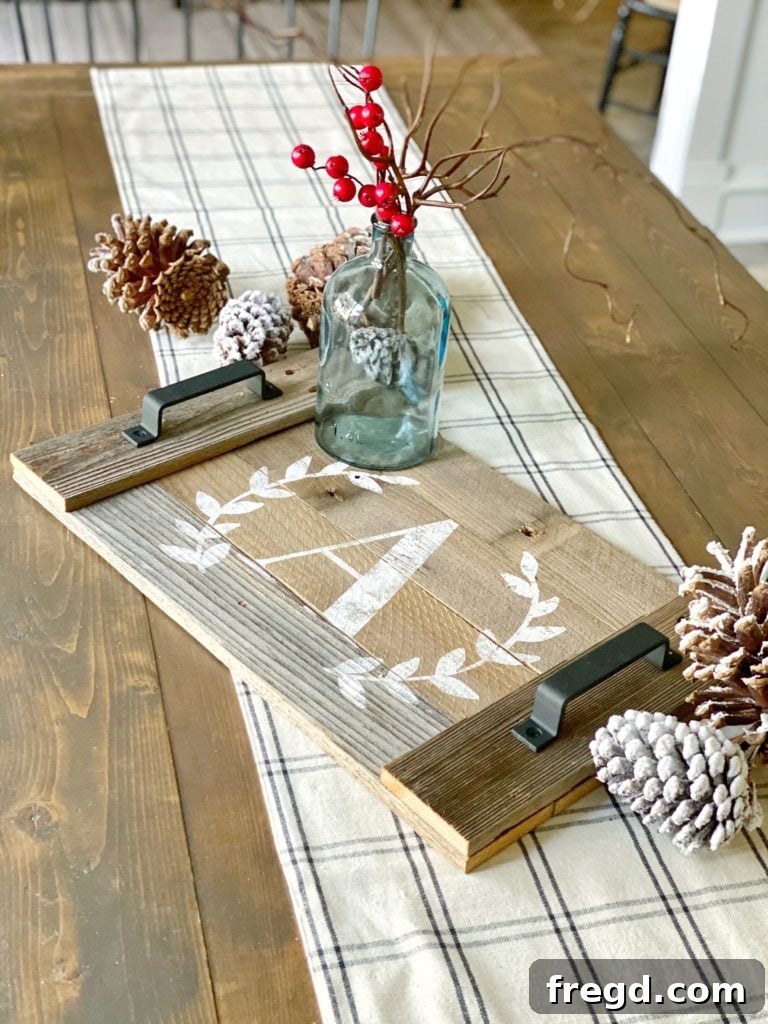 Craft Simple Christmas Gifts on a Budget 4 Close-up of a customized wooden serving tray with a decorative vinyl pattern and handles
