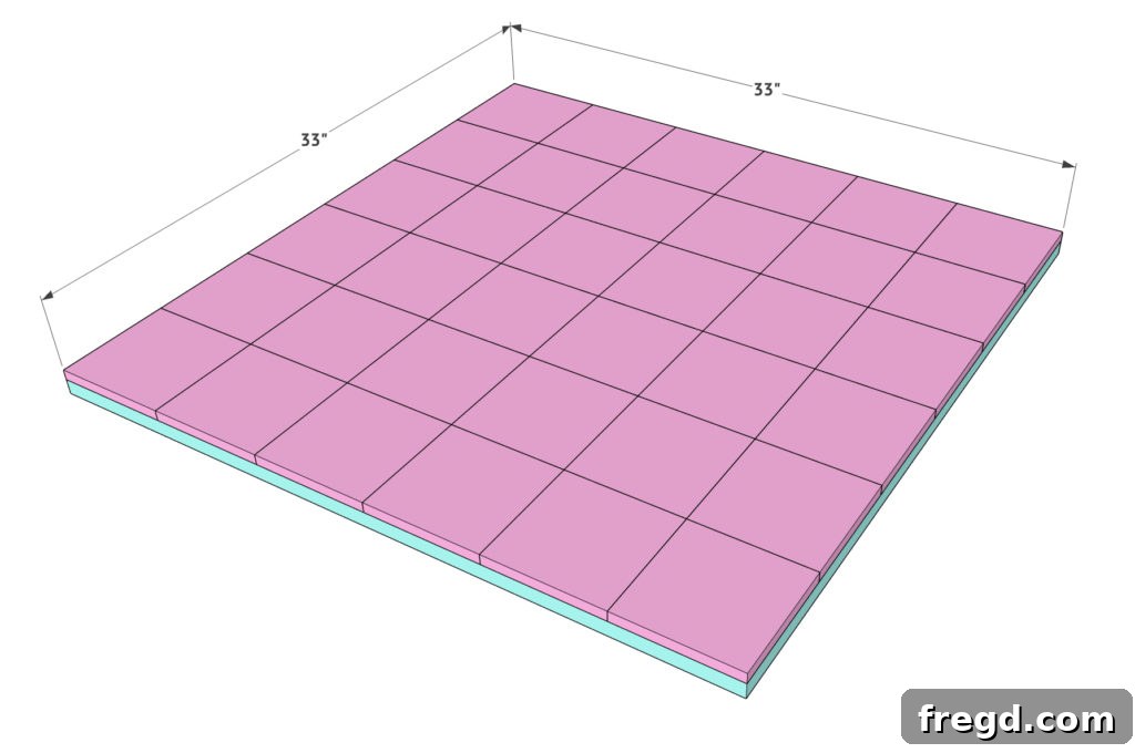 The fully assembled square pattern of wood pieces on the coffee table top, showing the complete grid before trim.