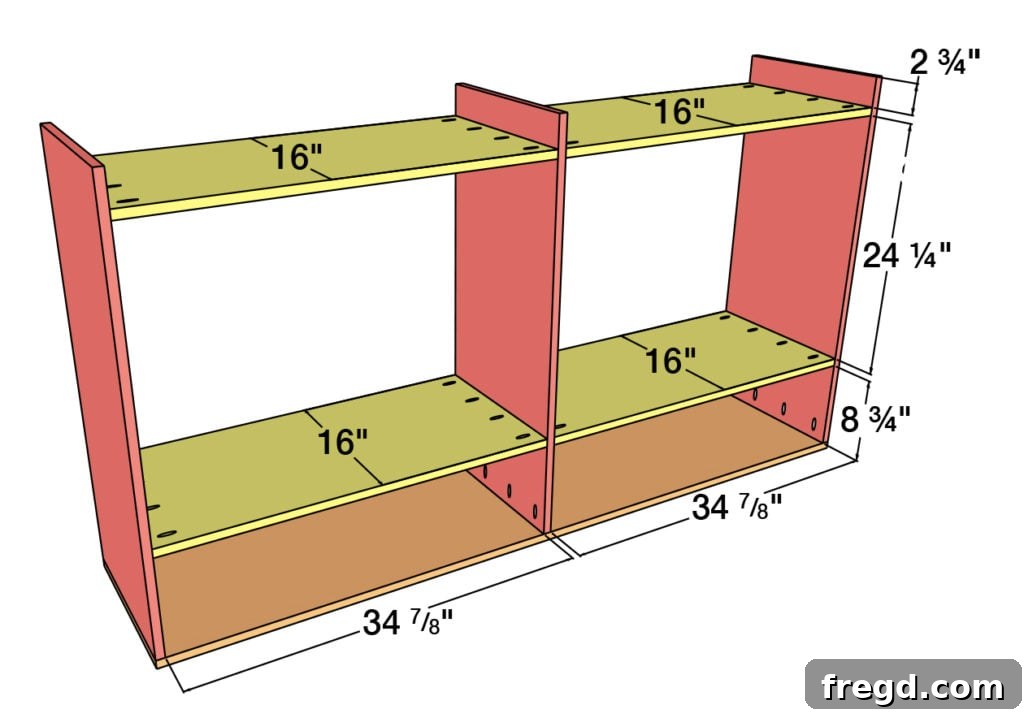 Attaching the interior shelves with pocket hole joinery for seamless storage.