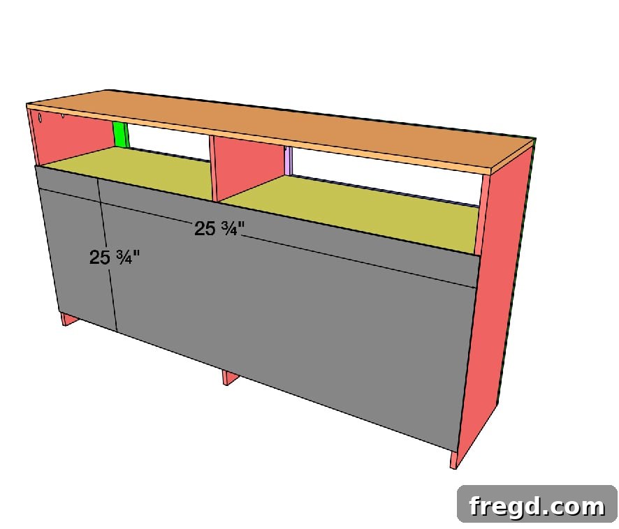 Attaching the back panel to the media console for added stability and finish.