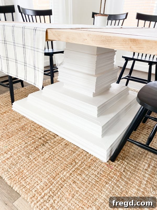 A stunning side view of the finished square dining table with a rich wood stain.