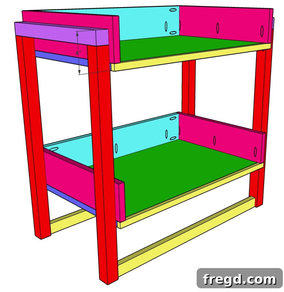 Attaching the top shelf to the nightstand frame, mirroring bottom shelf attachment