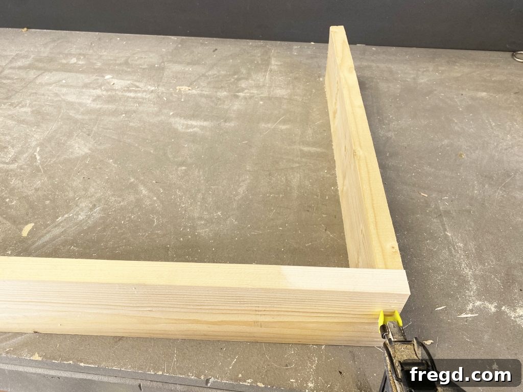 Assembling the drawer frame using brad nails and wood glue