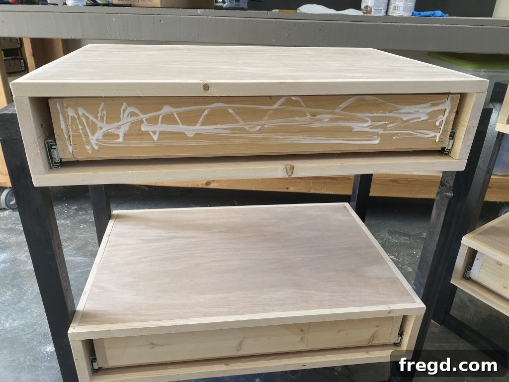 Attaching custom-cut drawer faces to the nightstand drawers