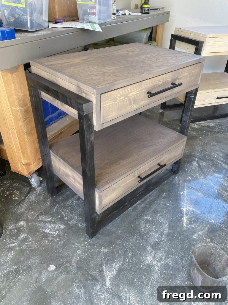 Finished nightstand with hardware installed and ready for use