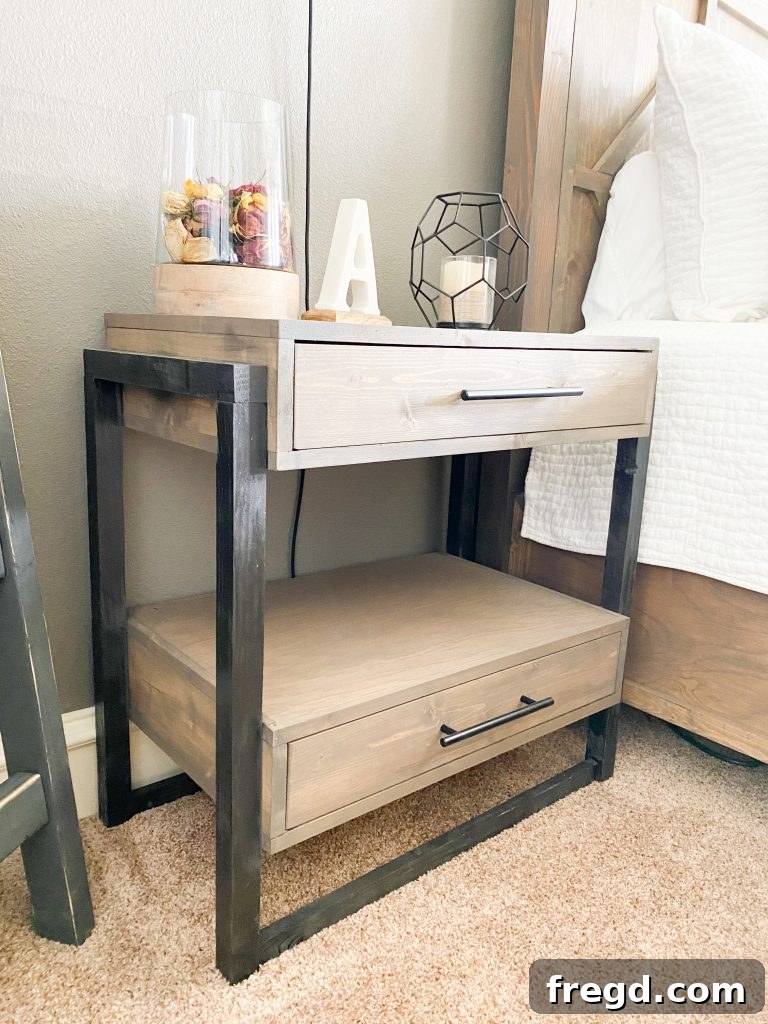 Beautifully staged DIY nightstand, showcasing its modern design