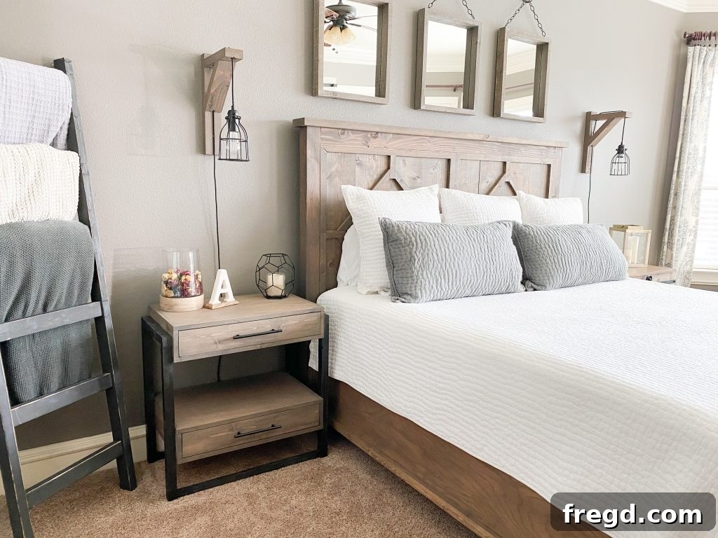 Alternative angle of the DIY nightstand, emphasizing storage and design