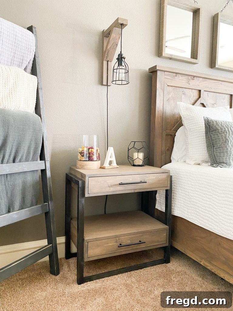 Nightstand with a focus on its unique floating shelves feature