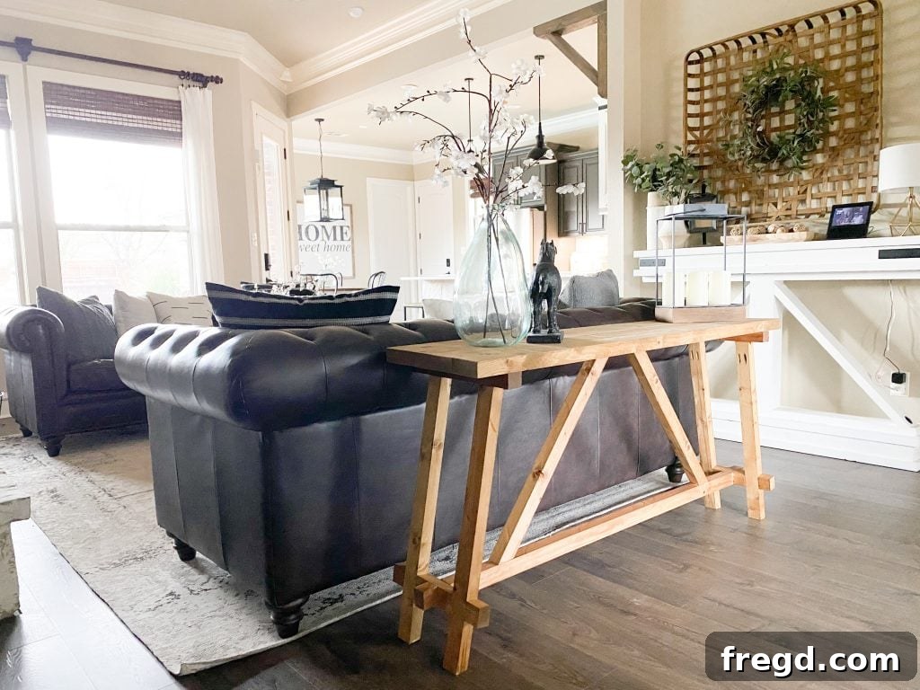 Finished angled console table with a rich stain, showcasing its elegant design.
