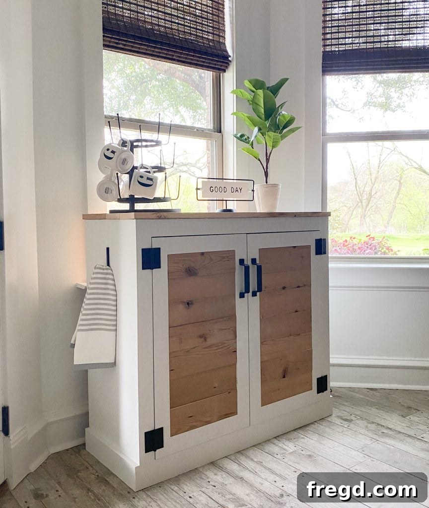 Your DIY Modern Farmhouse Brew Hub 2 Newly made over modern farmhouse coffee cabinet, showcasing its refreshed design and elegant details, ready for a home coffee bar setup.