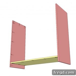 Your DIY Modern Farmhouse Brew Hub 16 Step 1: Assembling the cabinet base panels, showing bottom panel and side panels with pocket holes.
