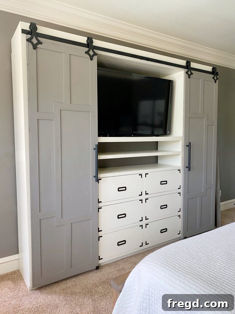 The newly installed barn doors on a media console, showcasing a modern look.