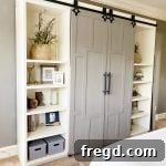 A finished easy DIY barn door on a media console.