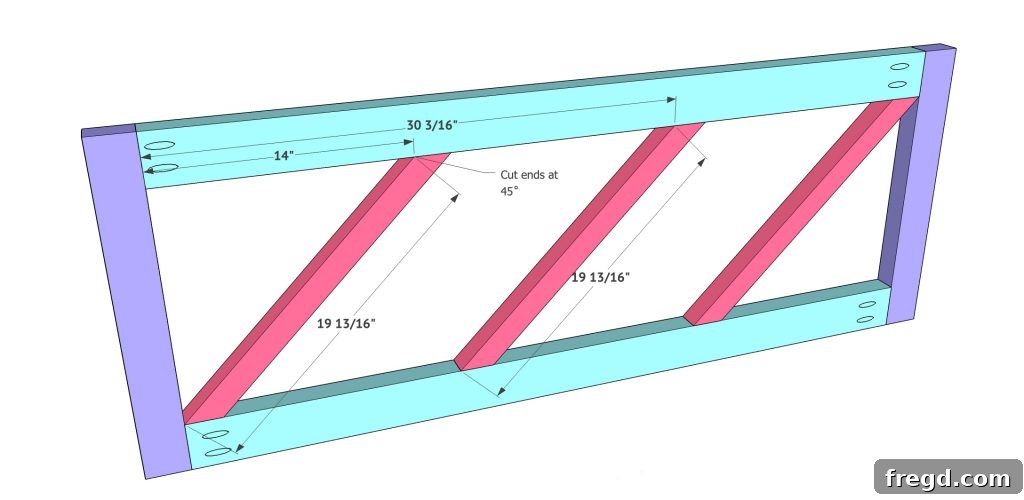 Cutting and dry-fitting the longer diagonal X-pieces with 45-degree angles for the swing back.