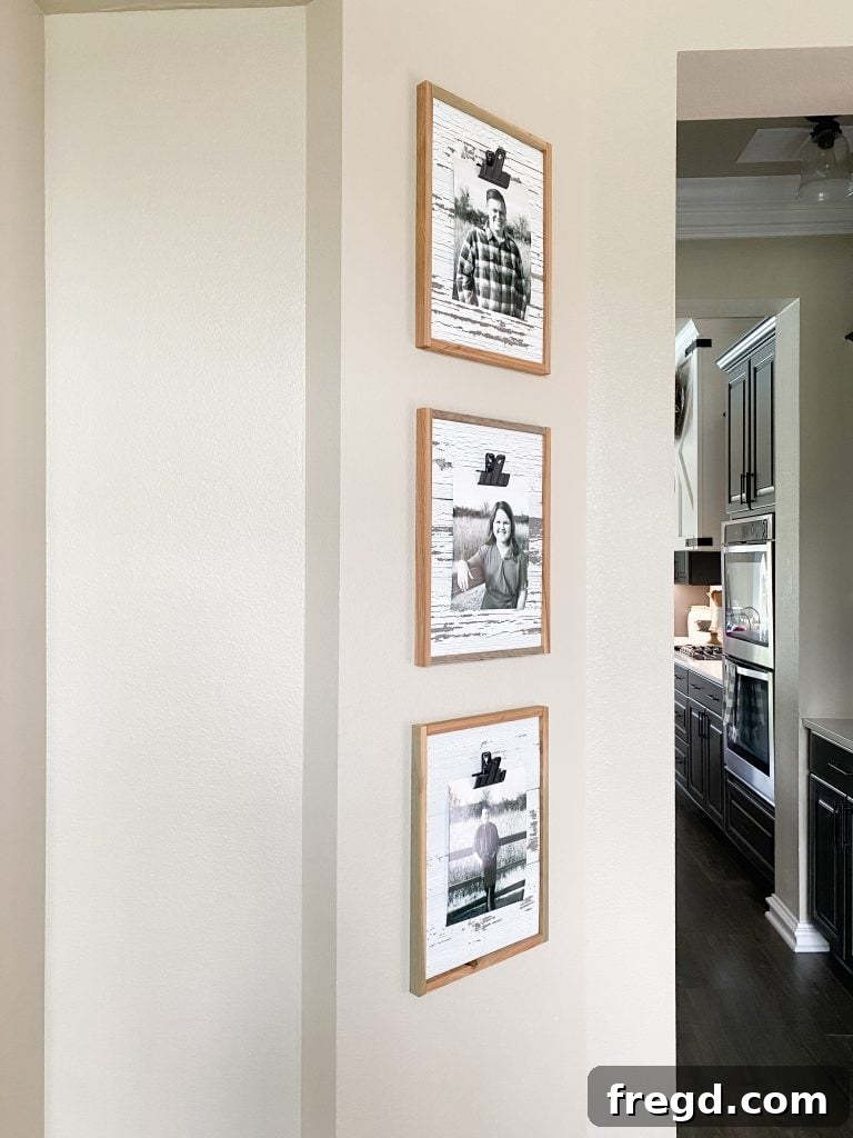Close-up of a completed DIY barnwood clip frame with a photo.