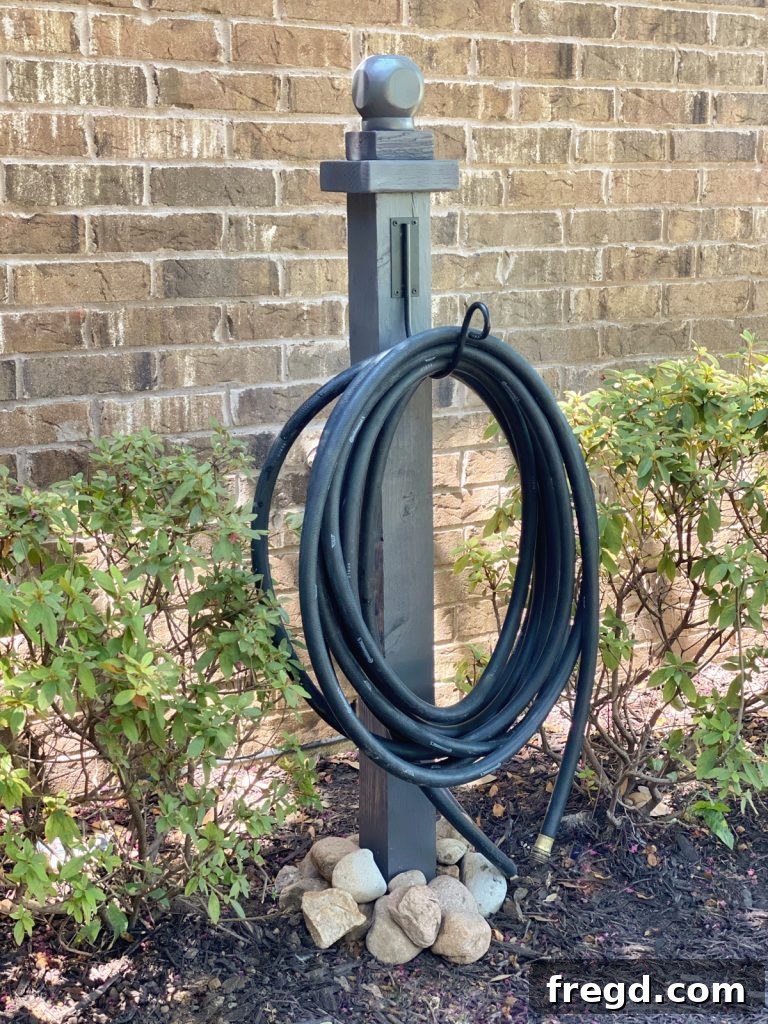 Another view of the completed and installed garden hose storage post