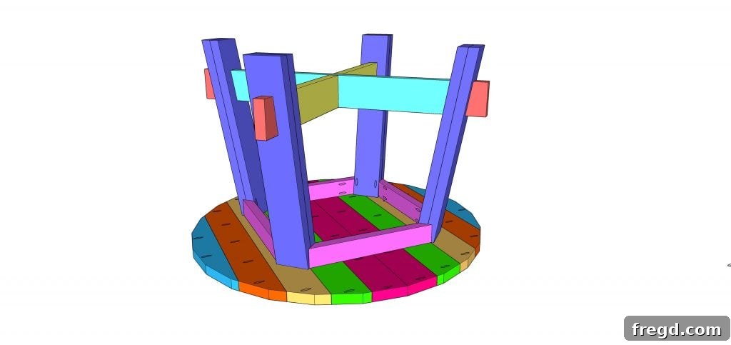 Centering and attaching the assembled table base to the round table top.