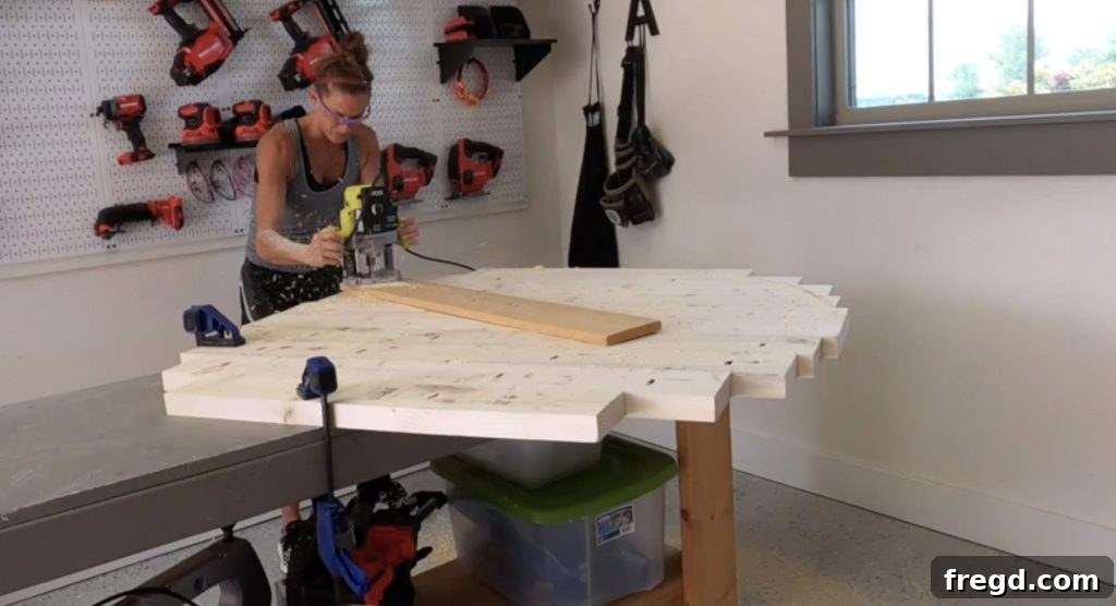 Using a plunge router with a DIY jig to cut a perfect 48-inch diameter circle for the tabletop.