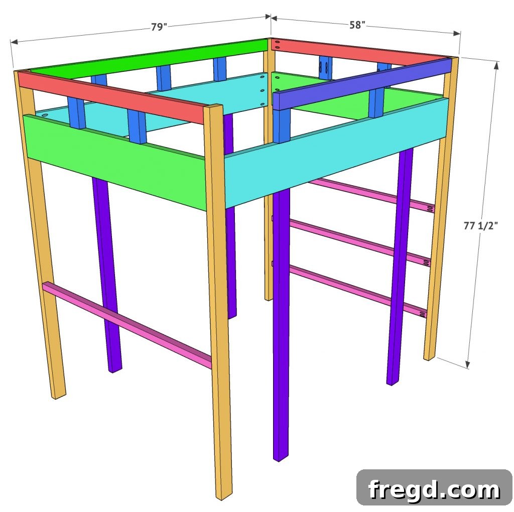 Completed loft bed frame after initial assembly