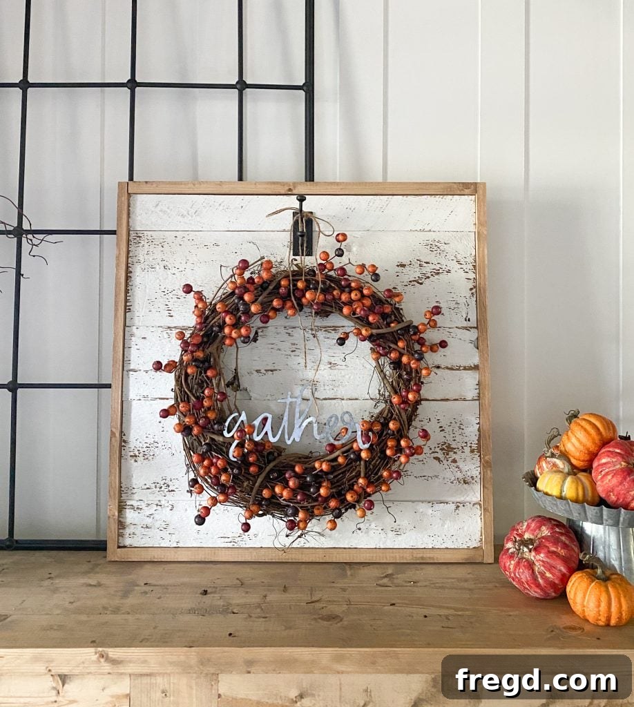 Another view of the finished wreath display, highlighting its rustic elegance and versatility.