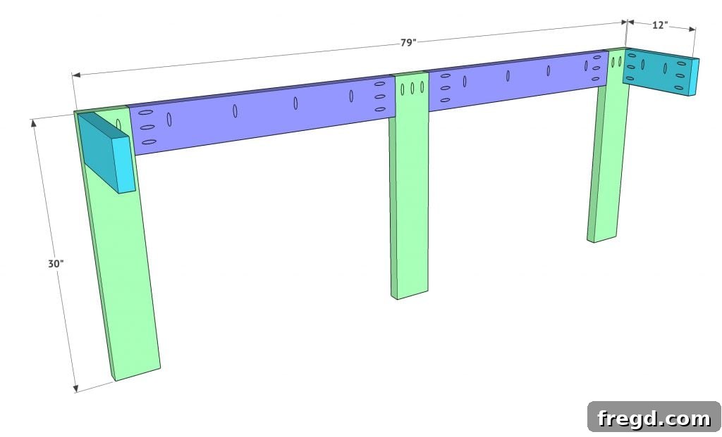 Attaching the smaller aprons to one of the 'E' shaped side frames using pocket hole joinery.
