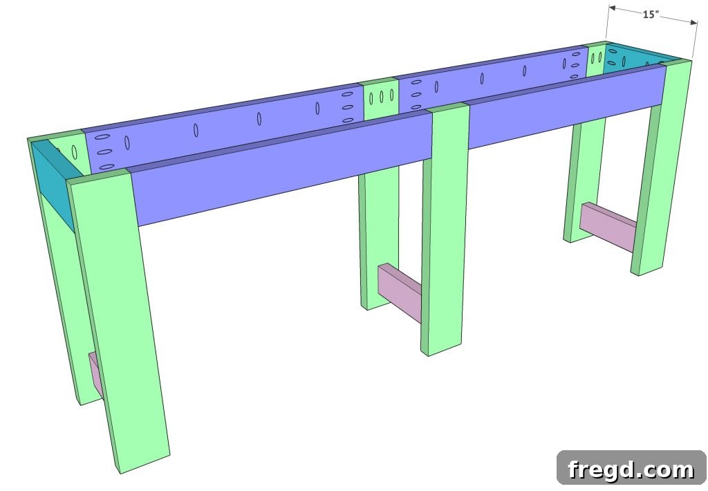 Connecting the second 'E' frame to complete the console table base structure.