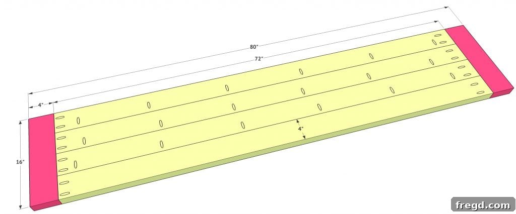Assembling the individual 4-inch wide planks to form the console table top.