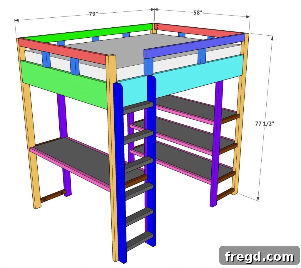 Finished DIY loft bed after sanding and painting