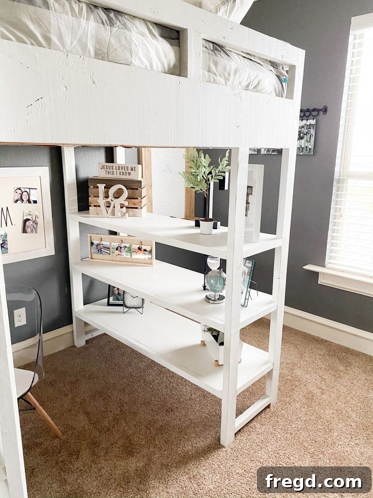 Detailed view of loft bed desk area