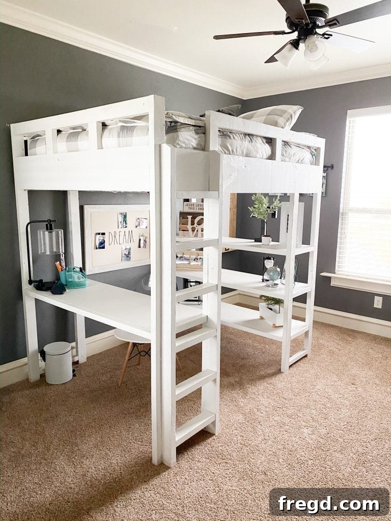 Loft bed with desk and decorative elements
