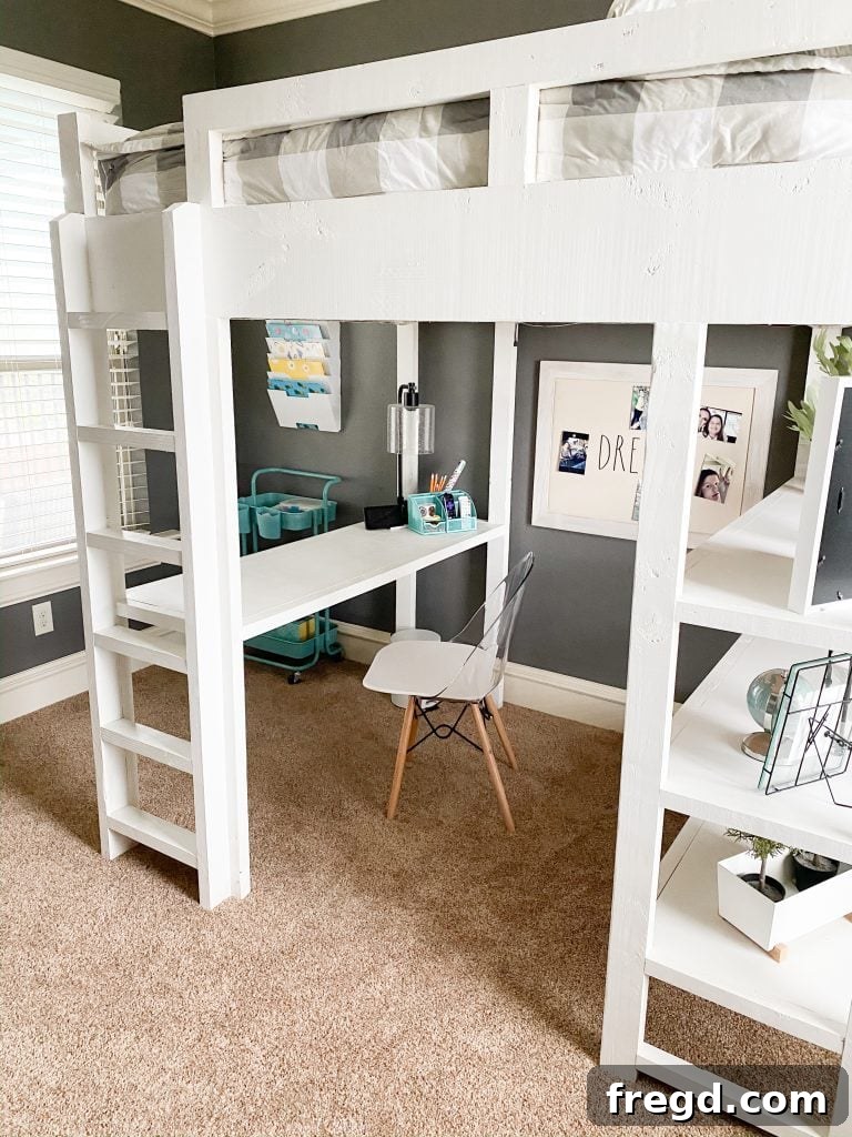 Overall view of the finished DIY loft bed