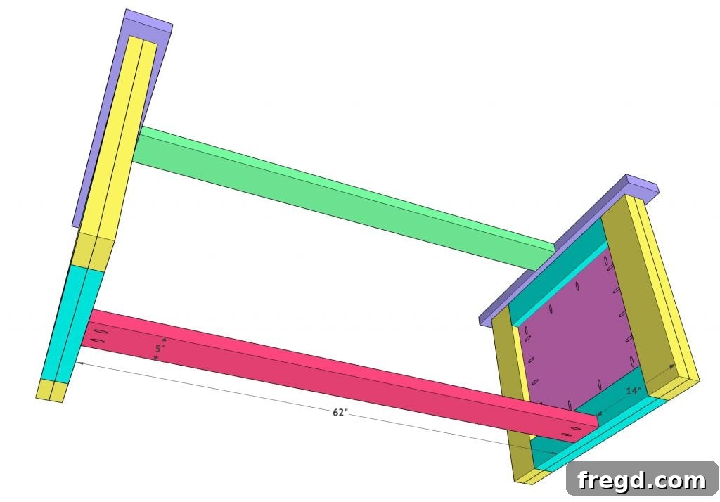 Build Your Own Paneled Farmhouse Dining Table 13 Instructional image for attaching the first bottom runner between the table bases.
